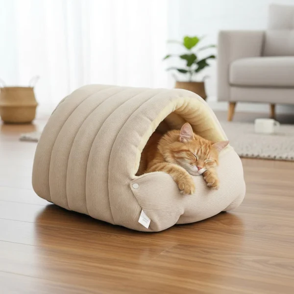 Warm Enclosed Cat Bed Corduroy Plush Cats Tent Calming Pet Nest Cave for Cats Dogs | Comfortable Pet Bed for Dogs & Cats