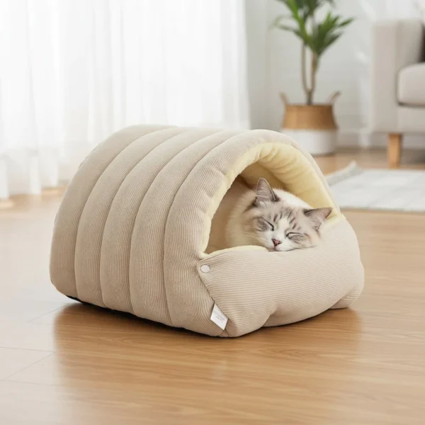 Warm Enclosed Cat Bed Corduroy Plush Cats Tent Calming Pet Nest Cave for Cats Dogs | Comfortable Pet Bed for Dogs & Cats